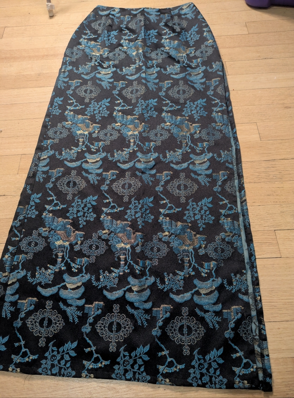 Vintage Blue Floral Brocade Maxi Skirt